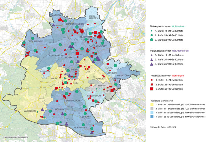 Auf der Karte der Landeshauptstadt Stuttgart sind die Standorte der Unterkünften für Geflüchteten markiert.